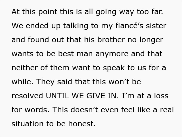 A screenshot of text about a wedding dispute, showing how an in-law's requests are tearing the family apart.