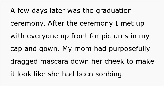 A daughter's graduation BBQ becomes tense as her ex-mom's drama unfolds, mascara streaking her face. A daughter's graduation BBQ becomes tense as her ex-mom's drama unfolds, mascara streaking her face.