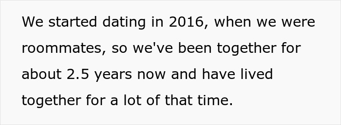 Screenshot of text about GF and BF starting dating in 2016 as roommates.