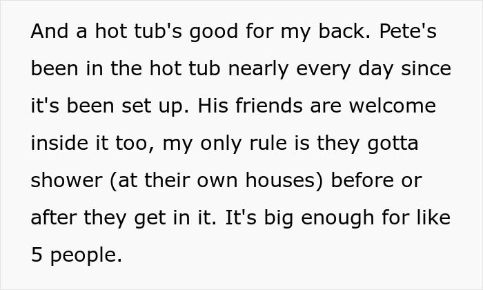 Text snippet describing the benefits of the hot tub for Pete and his friends, offering an alternative to the pool. Text snippet describing the benefits of the hot tub for Pete and his friends, offering an alternative to the pool.