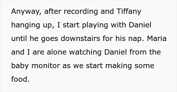 Babysitter watches Daniel on baby monitor after aunt hangs up, preparing food.