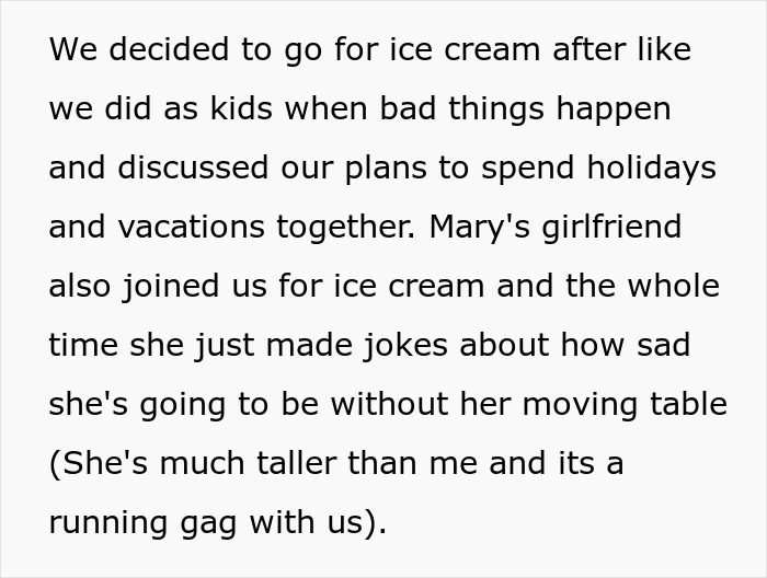 Text about a half-sister taunting a woman over infertility, then wanting her to be a great mom to her baby.