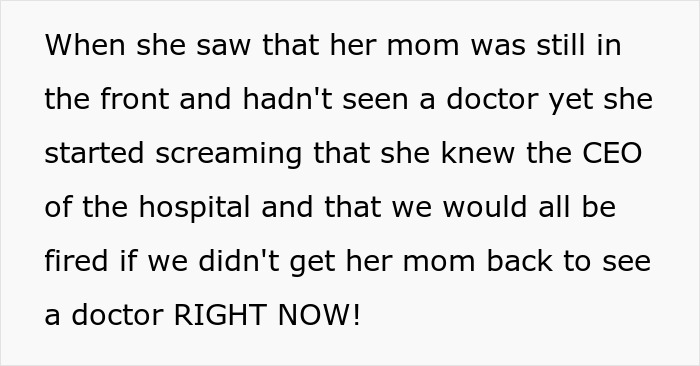 An ER nurse faces a Karen screaming about the CEO because her mom had not seen a doctor yet. An ER nurse faces a Karen screaming about the CEO because her mom had not seen a doctor yet.