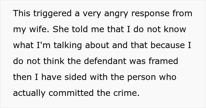 Text describing a wife's angry response when her husband refused to agree with her criminal trial theory.