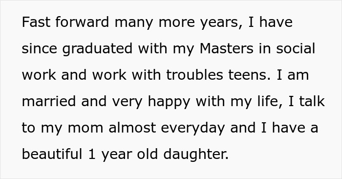 Text snippet: Years later, daughter graduated, married, and has a child, no longer sick at dad's house, no longer suspecting he is tampering with her dessert.