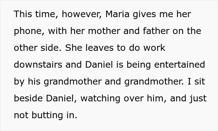 Text detailing how a babysitter is given a phone to speak with a child's grandparents.