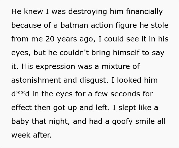 Text explaining financial destruction for a bully related to a Batman toy, costing him $950K. Text explaining financial destruction for a bully related to a Batman toy, costing him $950K.