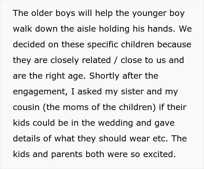 Text detailing how children were chosen for a wedding, leading up to a potential wedding dispute with in-laws.
