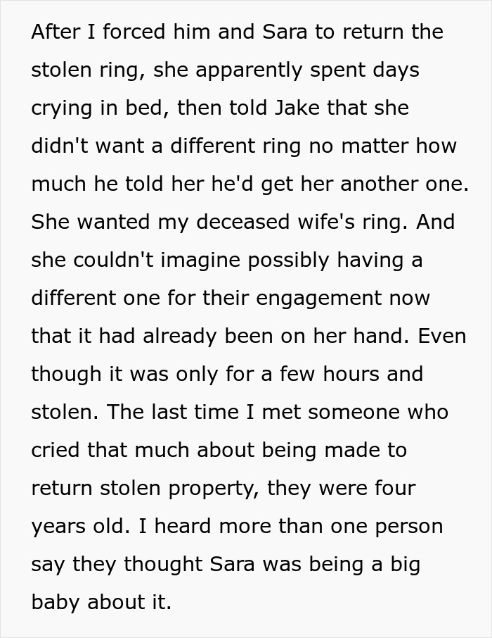 Text detailing how the son's girlfriend reacted to returning the family heirloom he stole to propose. Text detailing how the son's girlfriend reacted to returning the family heirloom he stole to propose.