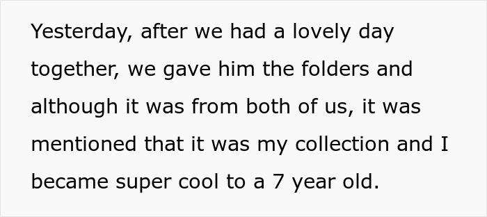 Screenshot of text about giving Pokemon cards to a stepson, emphasizing the idea of buying stepson's love with gifts.