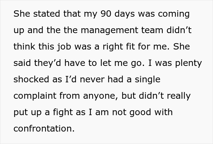 Text describing the cashier's shock after being fired for reporting theft. Text describing the cashier's shock after being fired for reporting theft.