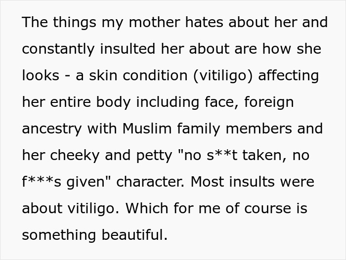 Text describing a mother's insults towards her son's girlfriend, focusing on her vitiligo.