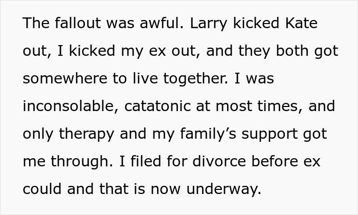 An image with text detailing the emotional fallout and divorce after friends found out their spouses are sleeping together. An image with text detailing the emotional fallout and divorce after friends found out their spouses are sleeping together.