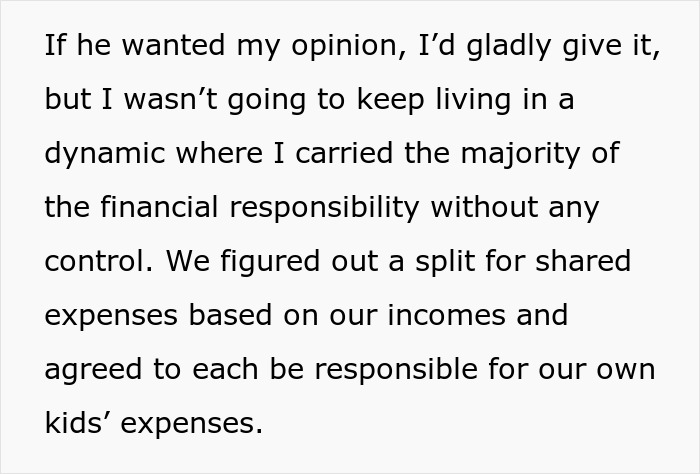 Text explaining financial responsibility split for kids, where mom earns more but refuses to fund stepchildren. Text explaining financial responsibility split for kids, where mom earns more but refuses to fund stepchildren.