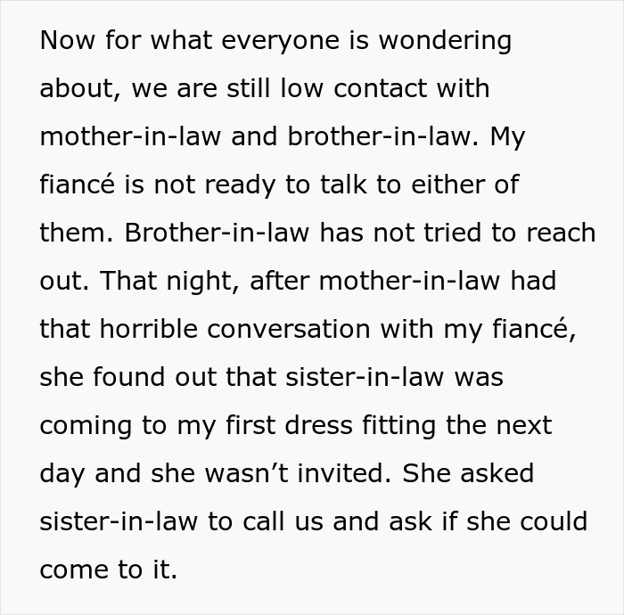A screenshot showing text about ongoing low contact with in-laws and a sister-in-law's wedding dress fitting invitation. A screenshot showing text about ongoing low contact with in-laws and a sister-in-law's wedding dress fitting invitation.