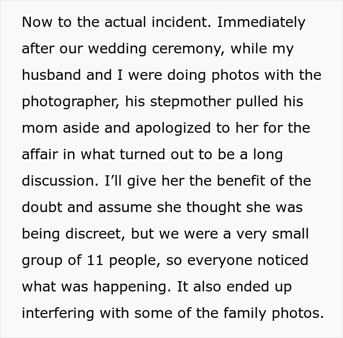 Description of an incident where a woman apologizes for stealing a husband, creating a discussion during a wedding ceremony. Description of an incident where a woman apologizes for stealing a husband, creating a discussion during a wedding ceremony.