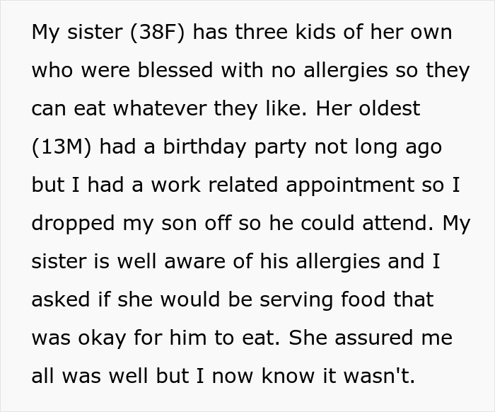 Screenshot of text: My sister is well aware of his allergies. I asked if she would be serving food that was okay for him to eat. Screenshot of text: My sister is well aware of his allergies. I asked if she would be serving food that was okay for him to eat.