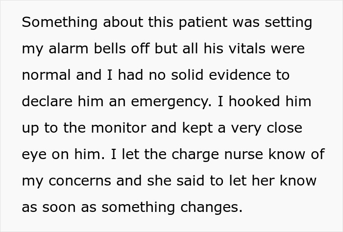 An ER nurse monitors a patient closely, despite normal vitals, alerting the charge nurse about their concerns. An ER nurse monitors a patient closely, despite normal vitals, alerting the charge nurse about their concerns.