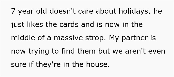 Text explaining a 7-year-old's distress over missing Pokémon cards, after a grandma's gift accusation.