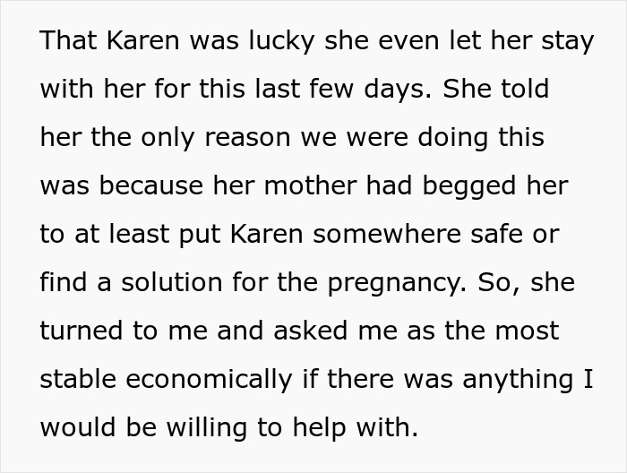 A screenshot of text about Karen staying with her sister due to the mother's plea for help with her baby.