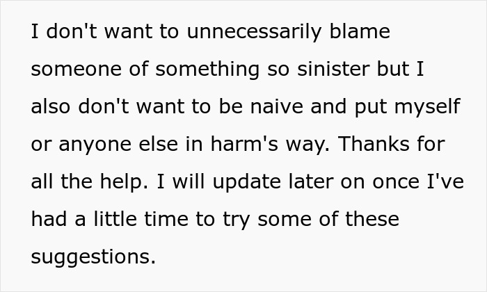 A woman, feeling sick, seeks advice on her dad tampering with dessert, plans to update.