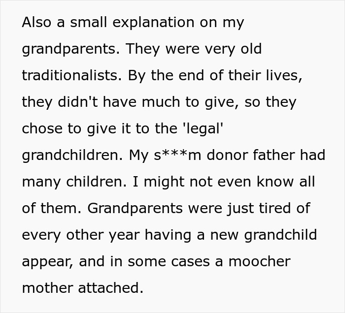 Text explaining grandparents' views on legal grandchildren, about a half-sister and infertility. Woman as a great mom.