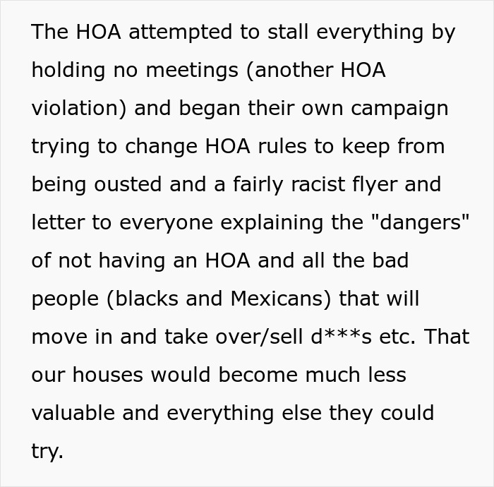 Homeowner fights HOA, as the HOA tries to stall and change rules with racist flyers. Homeowner fights HOA, as the HOA tries to stall and change rules with racist flyers.
