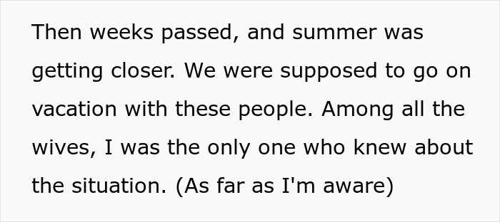 Text snippet about a guy's affair exposed before a group vacation, taking down more cheaters. Text snippet about a guy's affair exposed before a group vacation, taking down more cheaters.