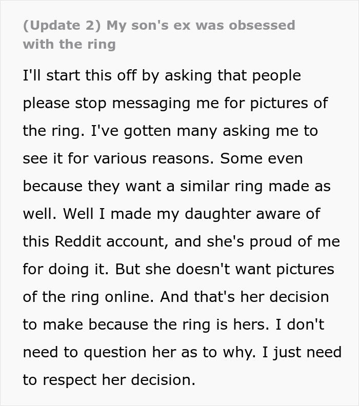A Reddit update from a parent about their son's ex-fiancée being obsessed with the stolen family heirloom ring. A Reddit update from a parent about their son's ex-fiancée being obsessed with the stolen family heirloom ring.