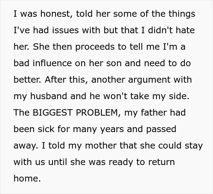 Text outlining the husband's mother's controlling behavior, accusing wife of being a bad influence, causing marital strife. Text outlining the husband's mother's controlling behavior, accusing wife of being a bad influence, causing marital strife.