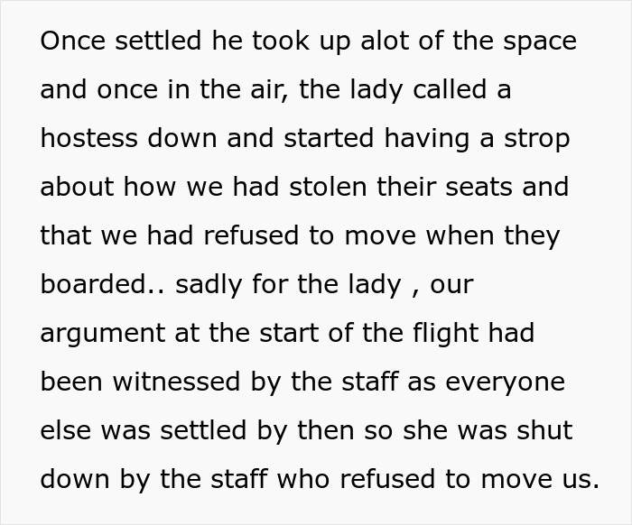 Elderly passengers on a plane complain to a hostess after a large man takes up space in their stolen seats. Elderly passengers on a plane complain to a hostess after a large man takes up space in their stolen seats.