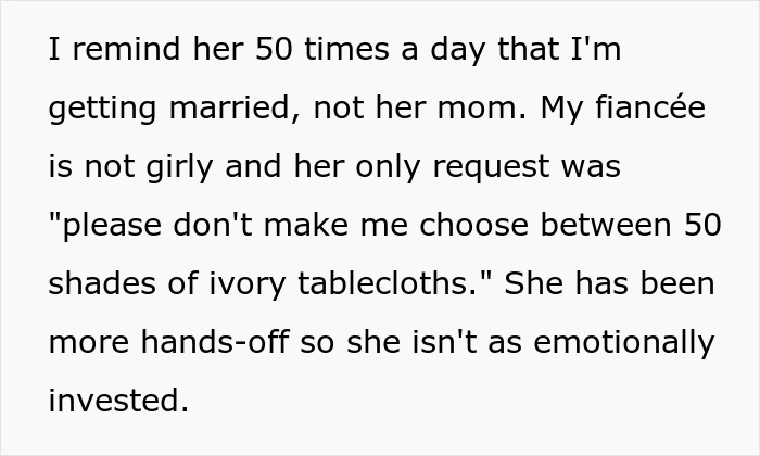 Text snippet explaining the bride's fiancée is hands-off and not emotionally invested in wedding details. Text snippet explaining the bride's fiancée is hands-off and not emotionally invested in wedding details.