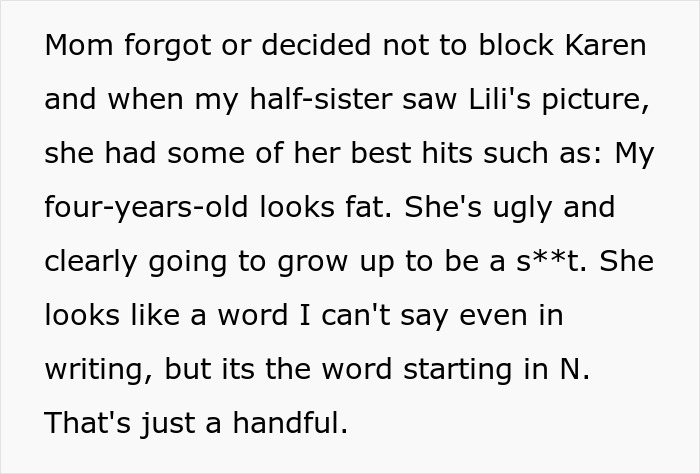 Mom forgot to block Karen, half-sister taunts Lili's picture. She describes her as fat, ugly and a s**t.