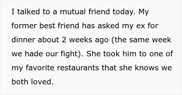 Text explaining a mutual friend asked her ex for dinner, related to a woman calling dibs on bestie's ex. Text explaining a mutual friend asked her ex for dinner, related to a woman calling dibs on bestie's ex.