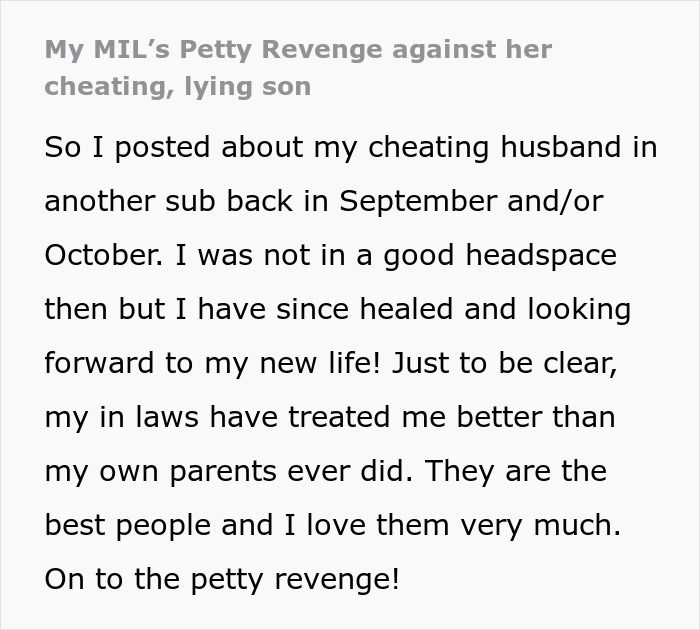 Screenshot of a post detailing a petty mom's revenge on her cheating husband for refusing to leave. Screenshot of a post detailing a petty mom's revenge on her cheating husband for refusing to leave.