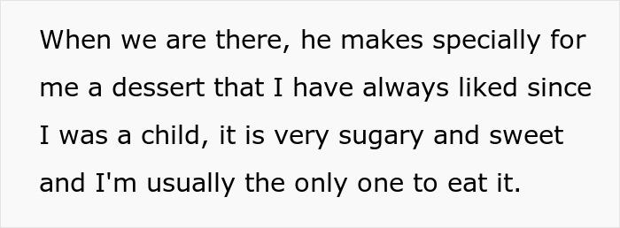 Text snippet: woman suspects father of tampering with her dessert, describing a special dessert he makes just for her.