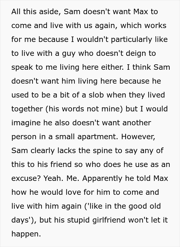 Screenshot of text about a man playing friends against each other, using his ex-girlfriend as an excuse. Screenshot of text about a man playing friends against each other, using his ex-girlfriend as an excuse.