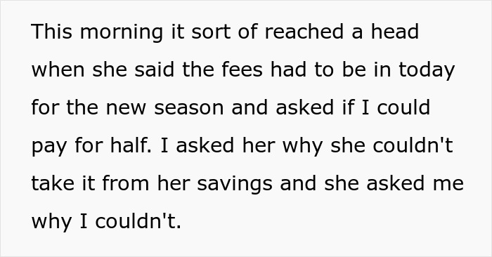 Text outlining a conflict over sports fees, with a guy and GF discussing who should pay her son's $1,300 bill. Text outlining a conflict over sports fees, with a guy and GF discussing who should pay her son's $1,300 bill.