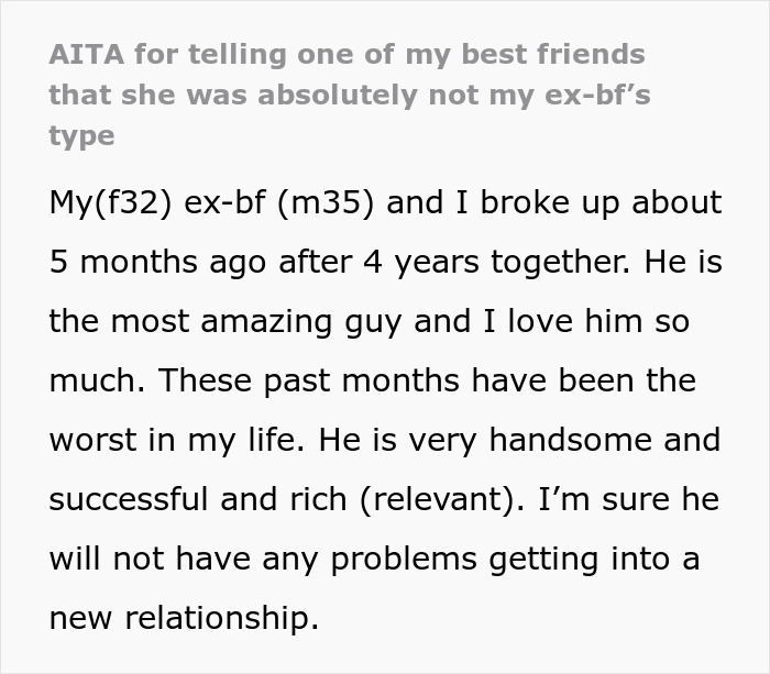 Screenshot of text about a woman calling dibs on her heartbroken bestie's ex. Screenshot of text about a woman calling dibs on her heartbroken bestie's ex.