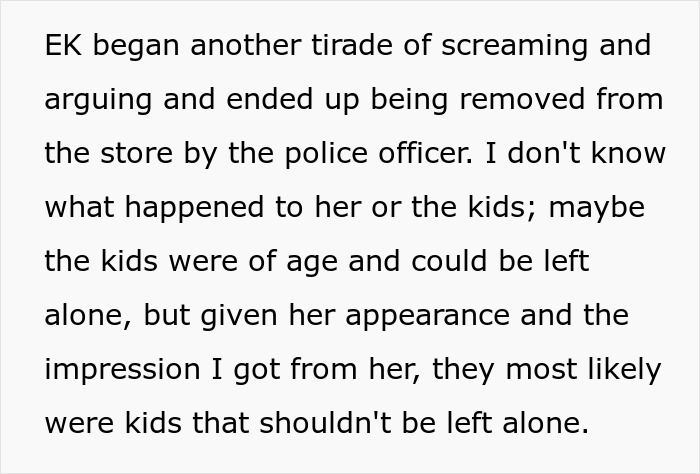 Text snippet: an entitled Karen being removed from a store by a police officer, related to a shopper accused of having a weapon.
