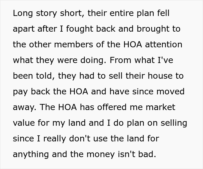 Text outlining how an HOA's scheme was uncovered, forcing them to sell their house and pay back the HOA.