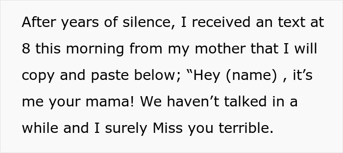 Text snippet: woman admits she's happy her toxic sis is infertile, showing a text from her mother after years of silence. Text snippet: woman admits she's happy her toxic sis is infertile, showing a text from her mother after years of silence.
