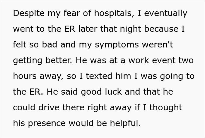 Screenshot of text about a woman's medical emergency, fear of hospitals, and her fiancé's delayed response to her ER visit. Screenshot of text about a woman's medical emergency, fear of hospitals, and her fiancé's delayed response to her ER visit.