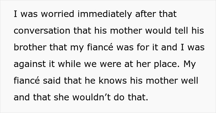 A screenshot from a wedding dispute story, showing text describing worry about in-laws' request disrupting family unity.