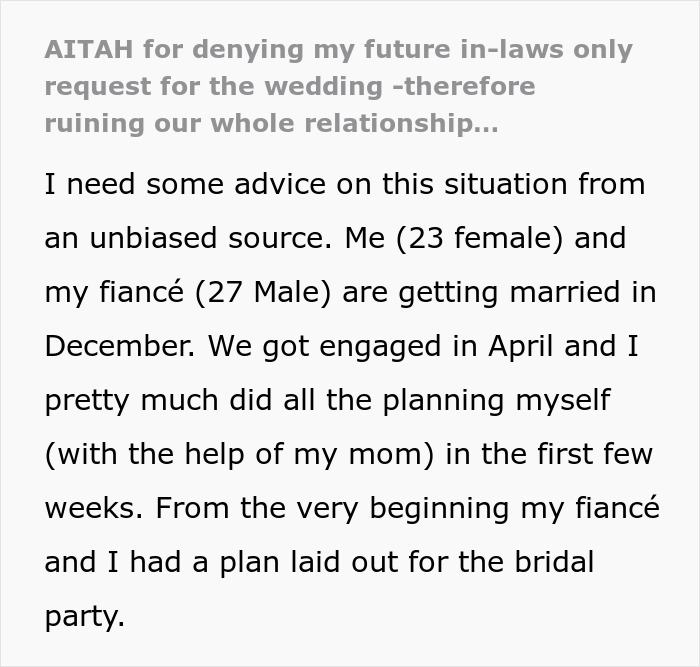 Screenshot of text discussing a wedding dispute and a request from in-laws, leading to family conflict.