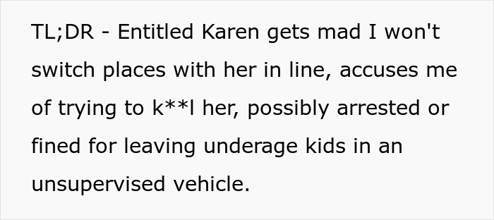 Text snippet: a summary of an entitled Karen getting mad, making accusations, and possibly arrested, related to a shopper accused of having a weapon.