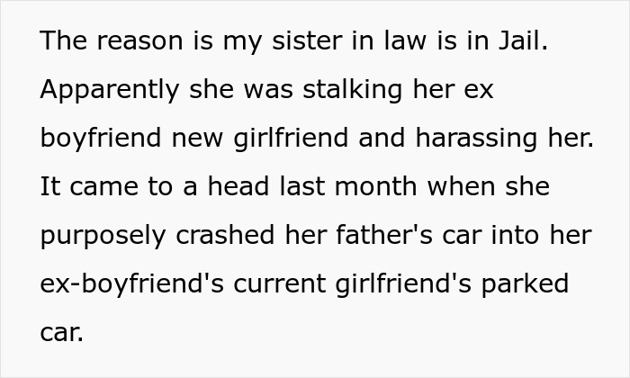 Text update explaining sister-in-law is in jail for stalking and car incident, relating to the wedding ban. Text update explaining sister-in-law is in jail for stalking and car incident, relating to the wedding ban.