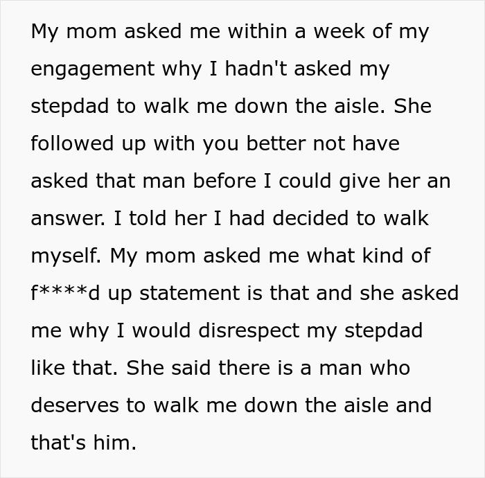 A screenshot of text about a bride's mom calling her disrespectful for not asking her stepdad to walk her down the aisle.