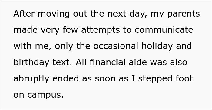 A screenshot of a text explaining a woman's parents ending communication and financial aid after a toxic sister's revelations. A screenshot of a text explaining a woman's parents ending communication and financial aid after a toxic sister's revelations.