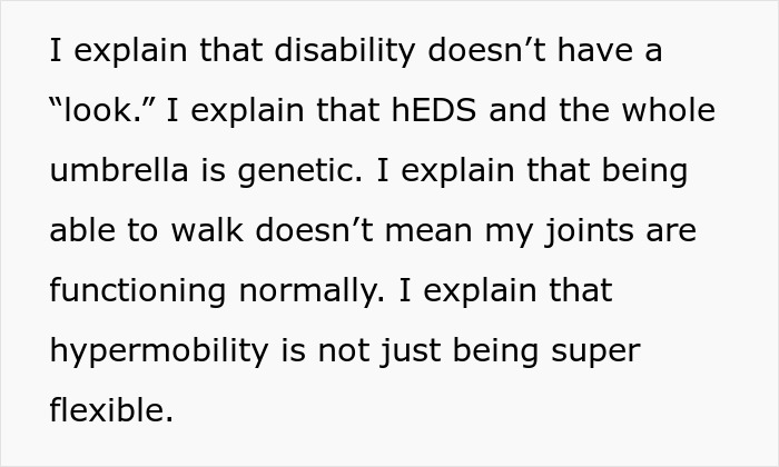 Text explaining that disability doesn't have a 'look' and that hypermobility is not just flexibility.